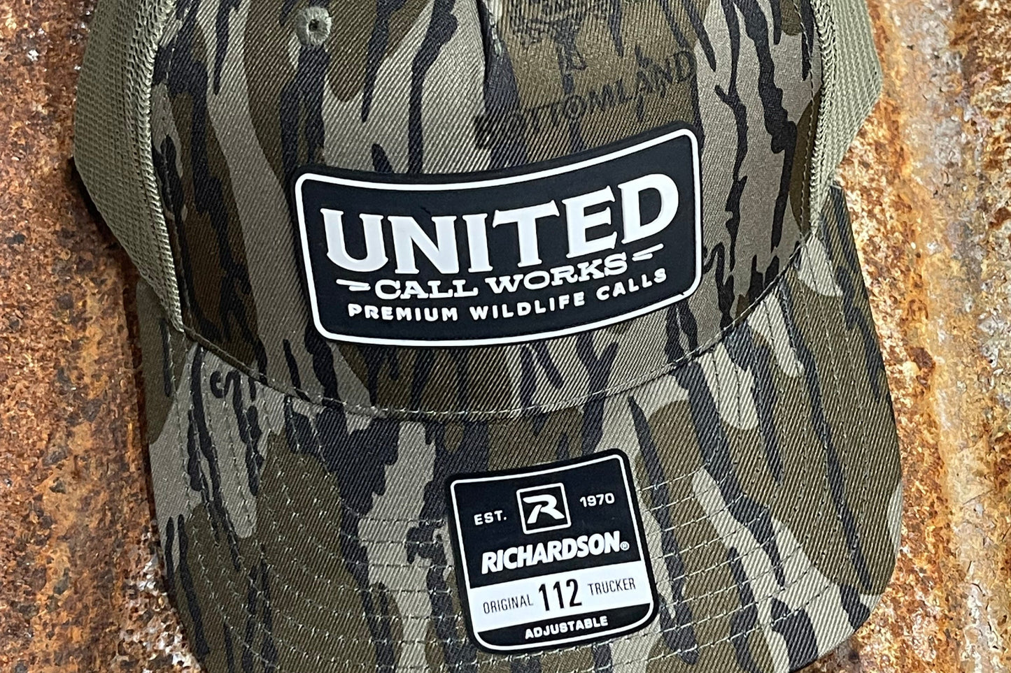 Mossy Oak Original Bottom Land / Tan Richardson 112 Hat with Black and White PVC Patch