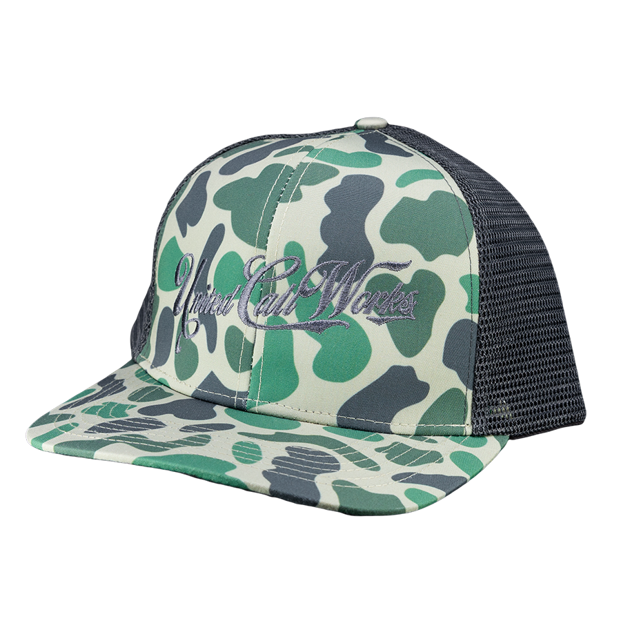 Green Old School Camo Trucker Hat Cursive