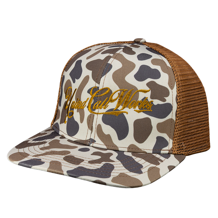 Brown Old School Camo Trucker Hat Cursive