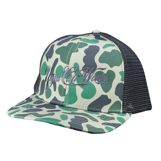 Green Old School Camo Trucker Hat Cursive