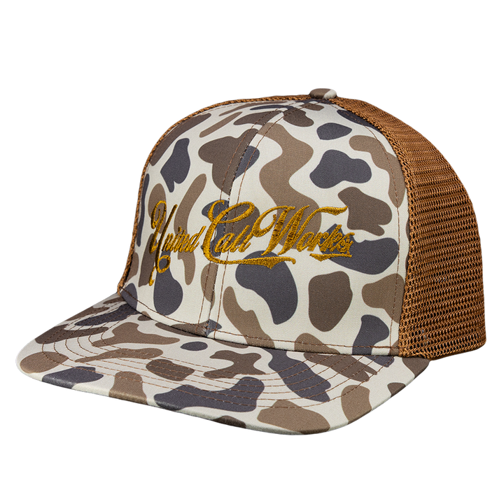 Brown Old School Camo Trucker Hat Cursive